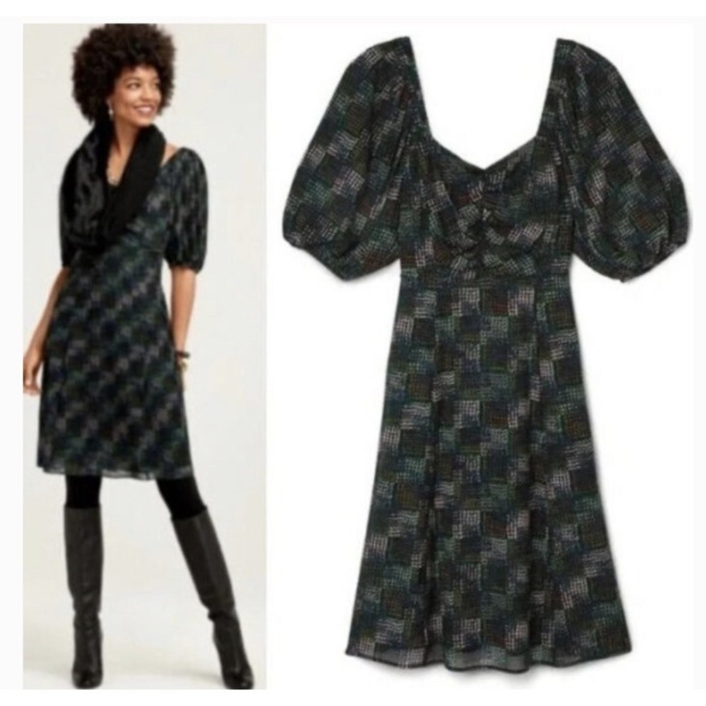 CAbi Elaine Printed Ruched Sweetheart Mesh Dress L Pinup Style 4214 Black Green